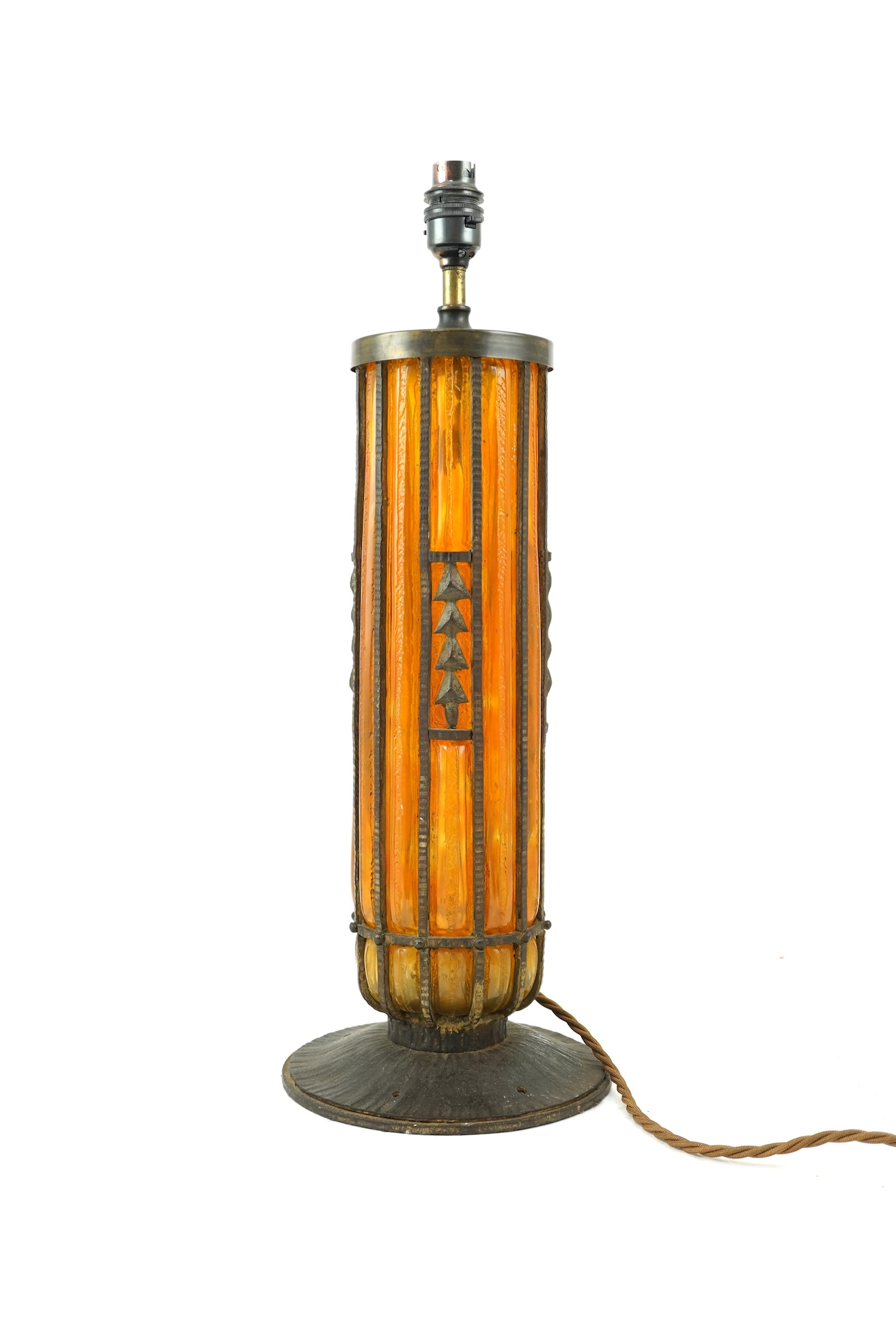 Manner of Daum Frères and Edgar Brandt (French, 1880–1960): A textured glass and cast-iron mounted table lamp